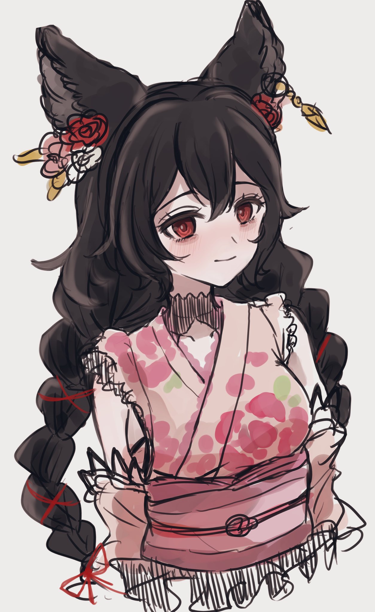 1girl, animal_ears, bags_under_eyes, braid, chagame, earrings, flower, granblue_fantasy