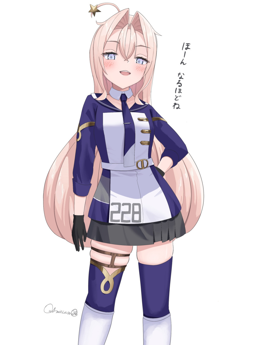 1girl, absurdres, black_gloves, black_skirt, blonde_hair, blue_thighhighs, cosplay, drum_(kancolle), gloves, grey_eyes, hair_between_eyes, hair_ornament, highres, kantai_collection, l_meet, long_hair, long_sleeves, miniskirt, mogador_(kancolle), mogador_(kancolle)_(cosplay), necktie, pleated_skirt, purple_necktie, skirt, solo, standing, star_(symbol), star_hair_ornament, thigh-highs, tie_clip, translation_request, two-tone_legwear, very_long_hair, white_thighhighs