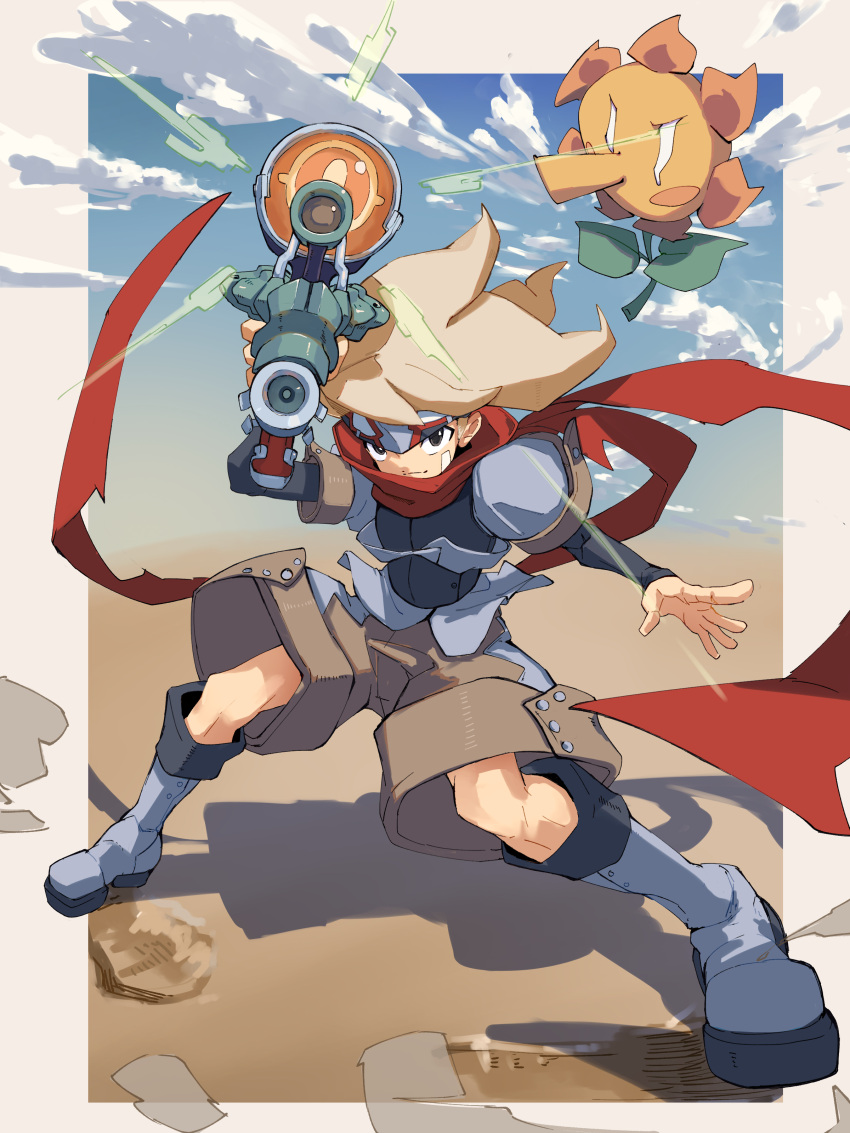 1boy, absurdres, armor, blonde_hair, bokura_no_taiyou, boots, brown_shorts, commentary_request