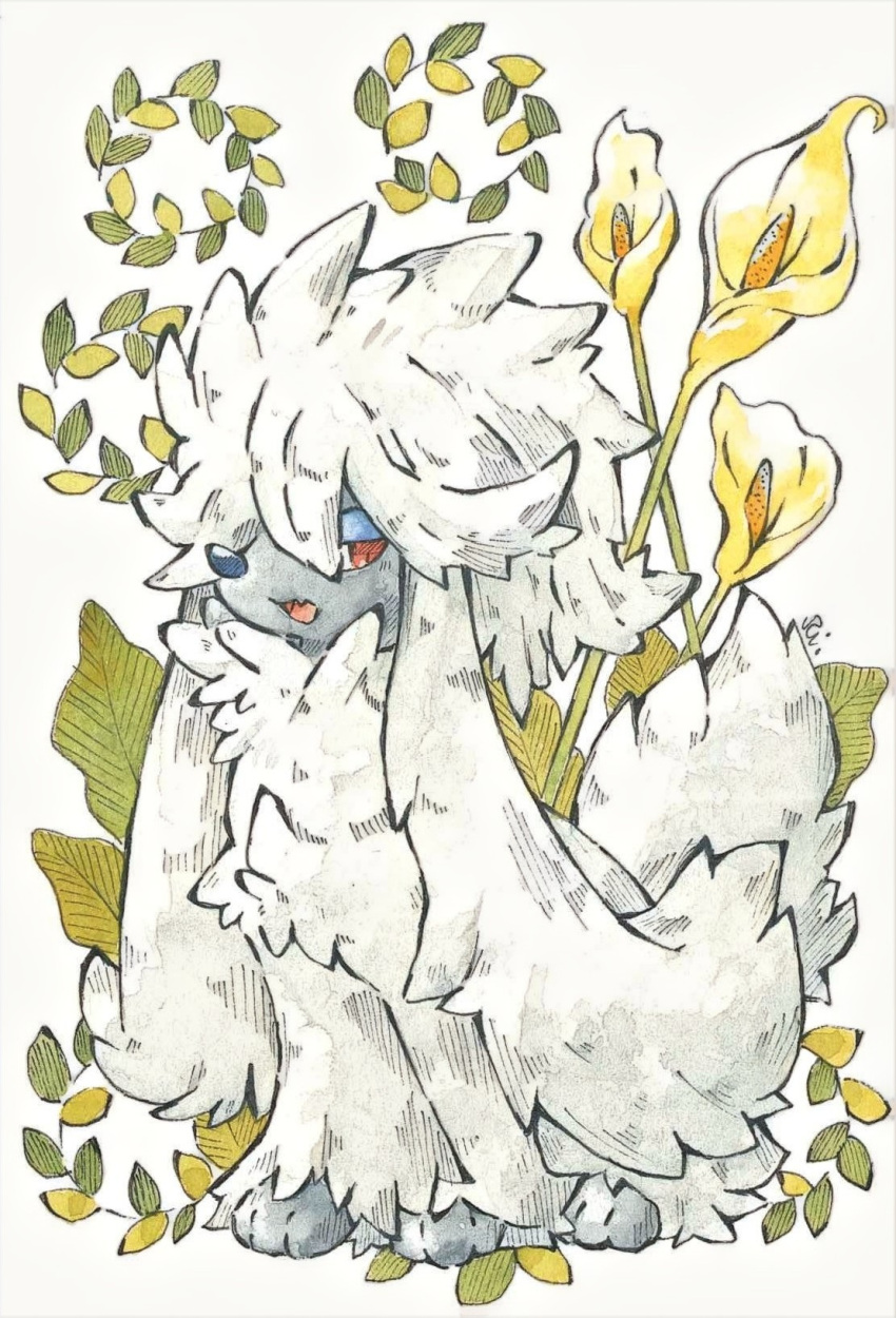 fang, flower, furfrou, half-closed_eyes, highres, leaf, looking_at_viewer, no_humans, open_mouth, pokemon, pokemon_(creature), rai_(rai_kw), red_eyes, simple_background, solo, standing, white_background, white_fur