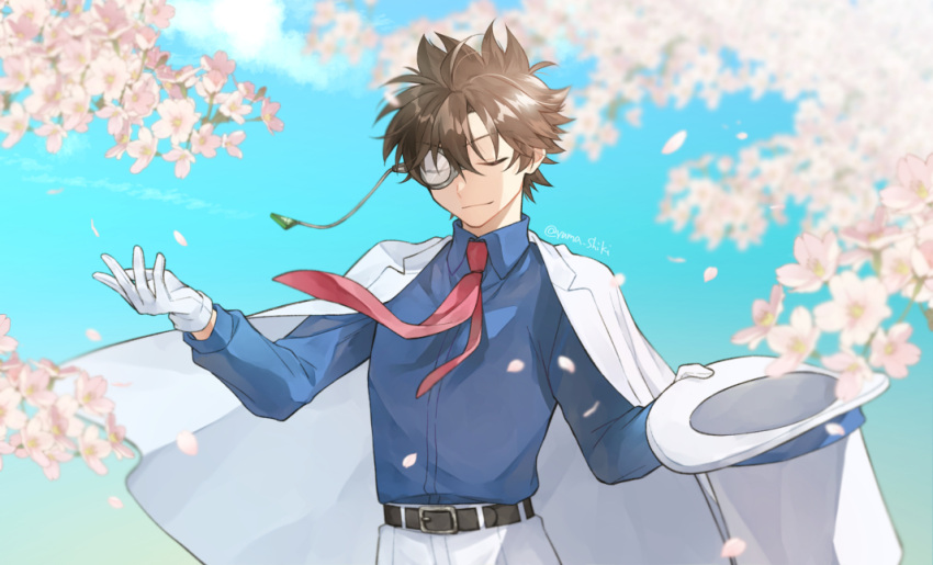1boy, artist_name, belt, blue_shirt, brown_hair, cherry_blossoms, closed_eyes, collared_shirt
