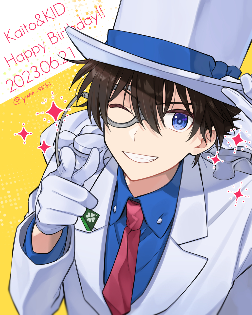 1boy, blue_eyes, blue_shirt, cape, collared_shirt, english_text, formal, gloves