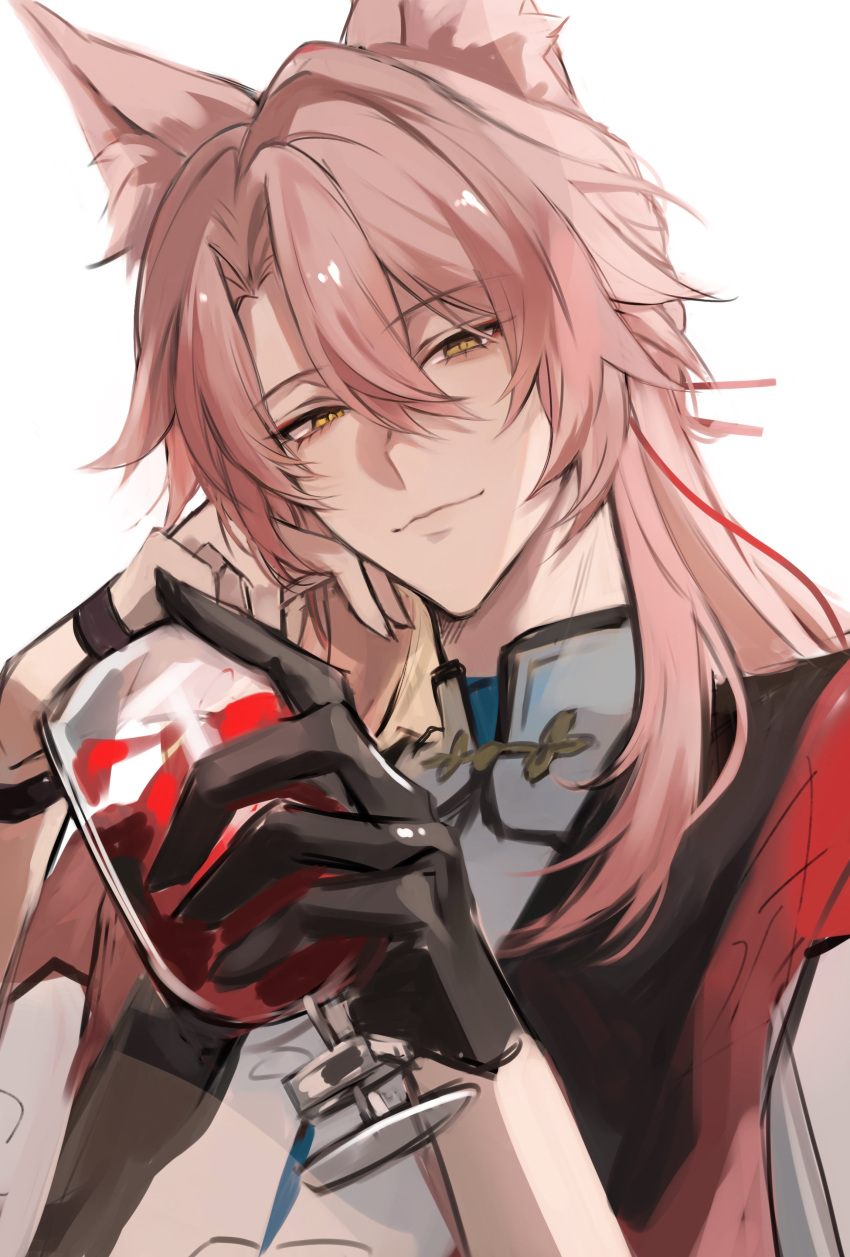 1boy, absurdres, alcohol, animal_ears, black_gloves, chinese_clothes, closed_mouth, commentary_request, cup, curtained_hair, drinking_glass, facing_viewer, fox_boy, fox_ears, gloves, hands_up, head_tilt, highres, holding, holding_cup, honkai:_star_rail, honkai_(series), jiaoqiu_(honkai:_star_rail), light_smile, long_hair, looking_at_viewer, male_focus, sidelocks, simple_background, single_glove, sn07_mjnk, solo, unusually_open_eyes, upper_body, white_background, wine, wine_glass, yellow_eyes