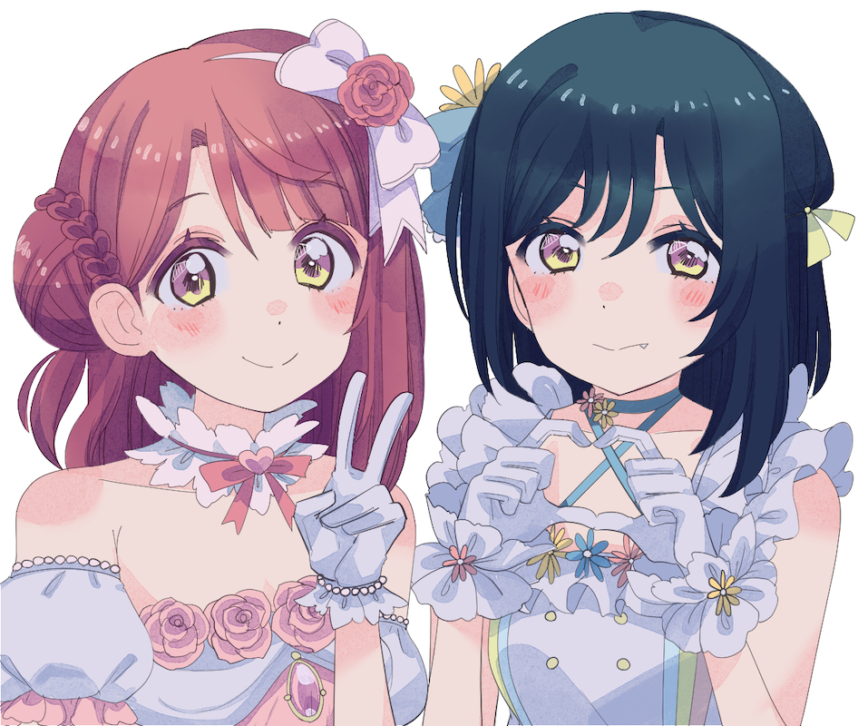 2girls, 4-finger_heart_hands, bare_shoulders, black_hair, blunt_bangs, blush, bow, braid