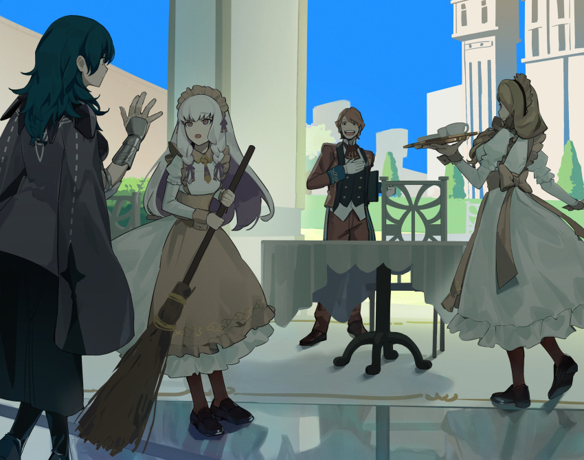 1boy, 3girls, alternate_costume, apron, ascot, black_footwear, black_vest, blonde_hair