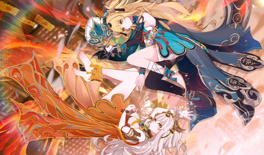 1girl, absurdres, bell, blonde_hair, brown_hat, chinese_clothes, commentary, detached_sleeves