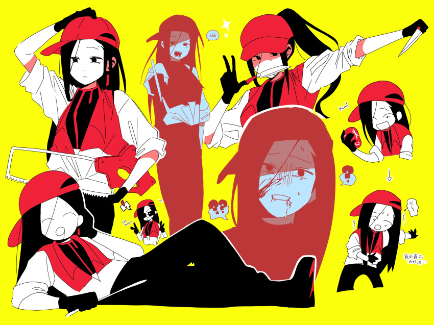 1girl, absurdres, alternate_hairstyle, black_eyes, black_gloves, black_hair, black_pants, butcher_vanity_(synthesizer_v)