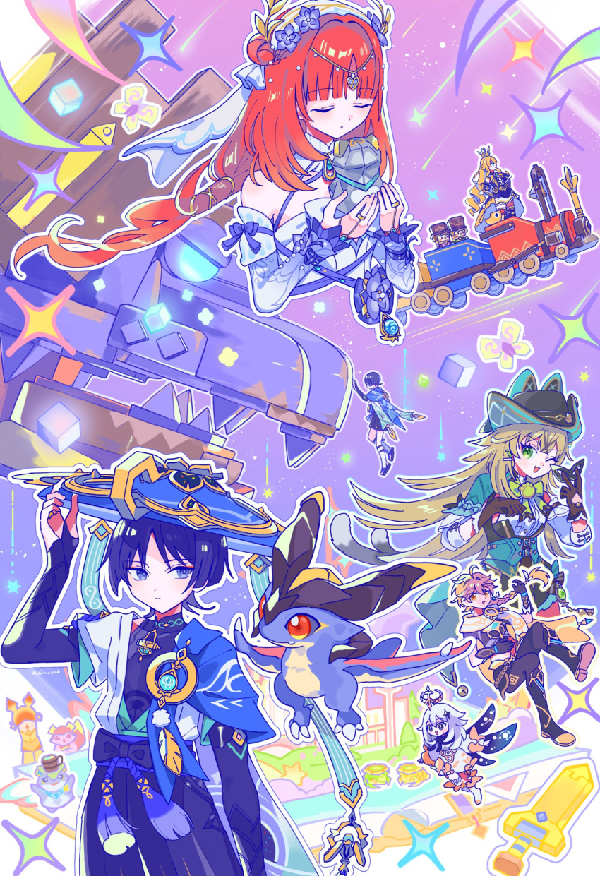 2boys, 4girls, absurdres, aether_(genshin_impact), animal_ears, animal_hat, animal_on_hand, aqua_corset