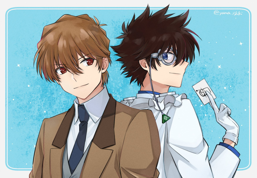2boys, black_hair, blonde_hair, blue_eyes, blue_shirt, brown_hair, brown_suit, cape