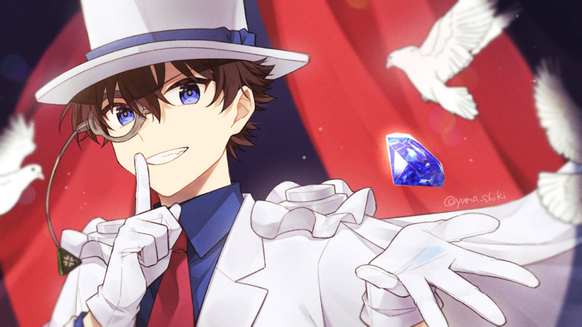 1boy, bird, blue_eyes, blue_shirt, brown_hair, cape, dove, floating_cape