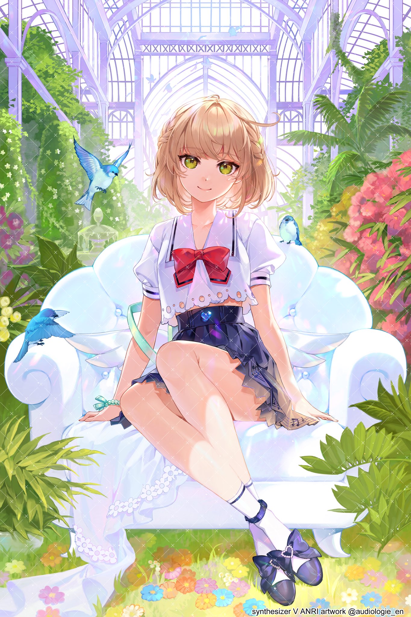 1girl, anri_(synthesizer_v), bird, blonde_hair, blue_bird, blue_footwear, blue_skirt, bow
