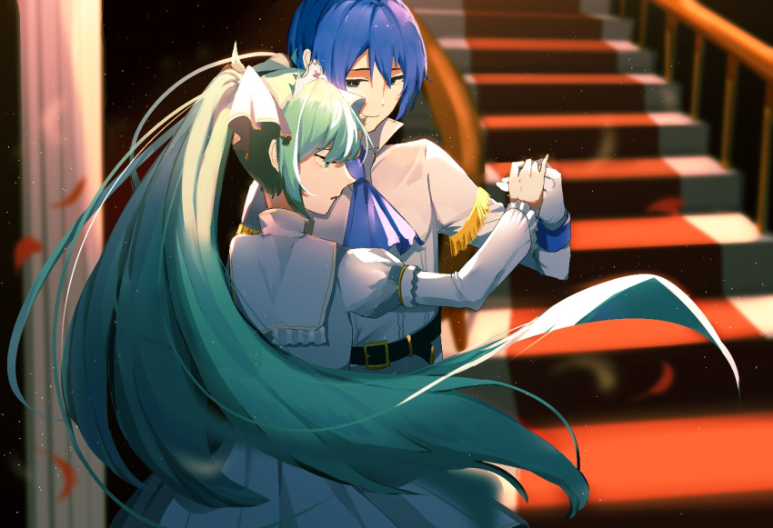 1boy, 1girl, akita_124709, aqua_eyes, aqua_hair, ascot, belt, black_belt