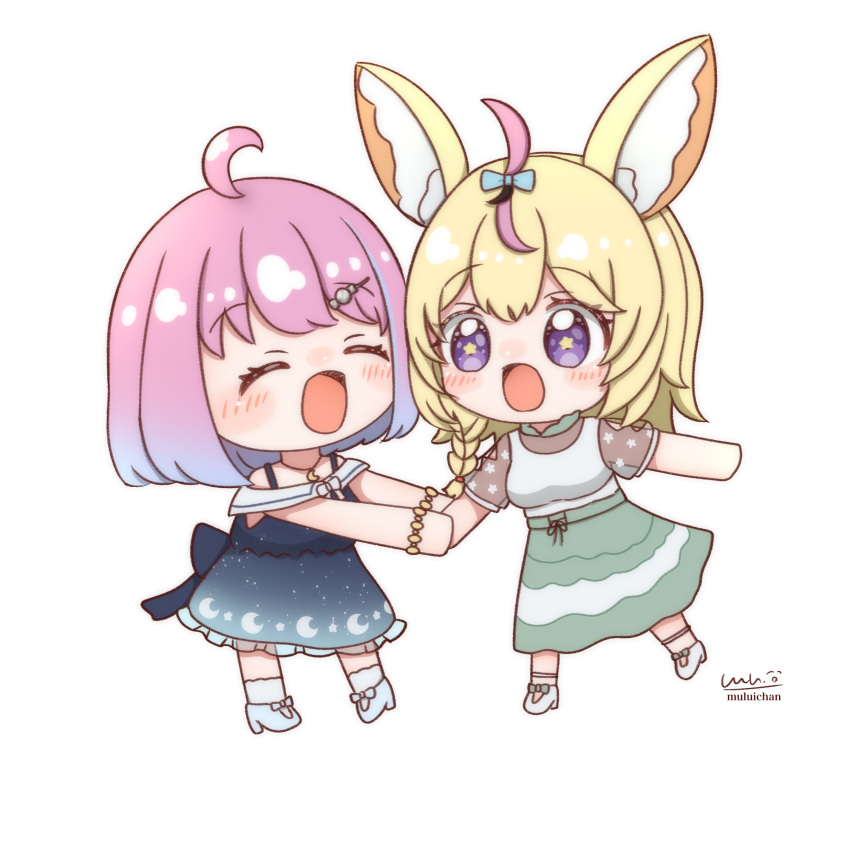2girls, ^_^, ahoge, animal_ear_fluff, animal_ears, artist_name, blonde_hair, blouse