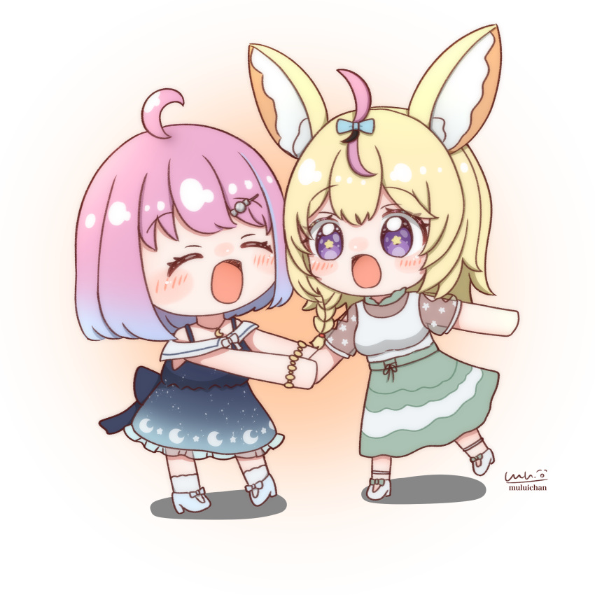 2girls, ^_^, ahoge, animal_ear_fluff, animal_ears, artist_name, blonde_hair, blouse