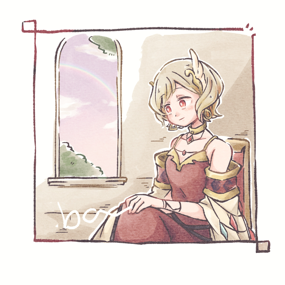 1girl, bare_shoulders, blonde_hair, brown_dress, citrinne_(fire_emblem), dress, earrings, feather_hair_ornament
