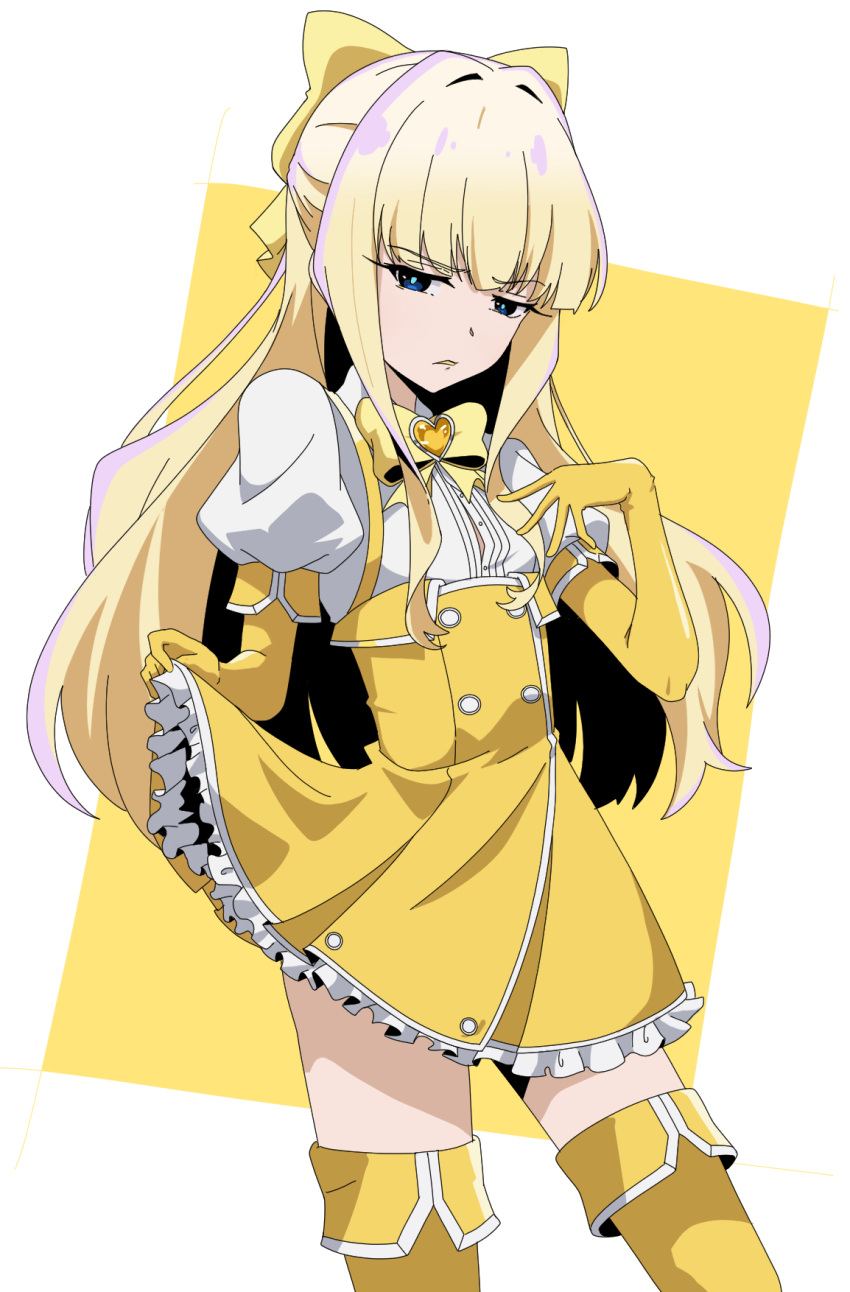 1girl, blonde_hair, blue_eyes, boots, bow, collared_shirt, commentary_request, dress_shirt