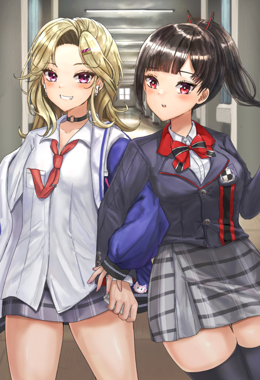 2girls, black_hair, black_thighhighs, blazer, blonde_hair, blue_jacket, bow, breasts