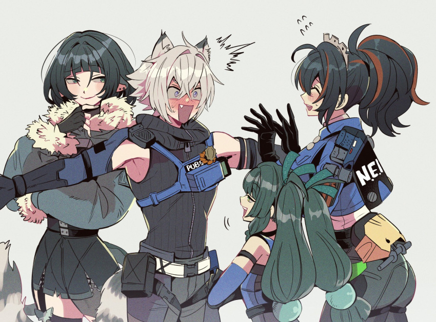 1boy, 3girls, ahoge, black_hair, blunt_bangs, blush, closed_eyes, cowboy_shot, crossed_bangs, engawa_002, fingerless_gloves, gloves, green_eyes, green_hair, grey_background, highres, jane_doe_(zenless_zone_zero), multicolored_hair, multiple_girls, open_mouth, orange_hair, police, police_uniform, qingyi_(zenless_zone_zero), seth_lowell, short_hair, sidelocks, sitting, smile, standing, streaked_hair, sweatdrop, tail, teeth, two-tone_hair, uniform, white_hair, zenless_zone_zero, zhu_yuan
