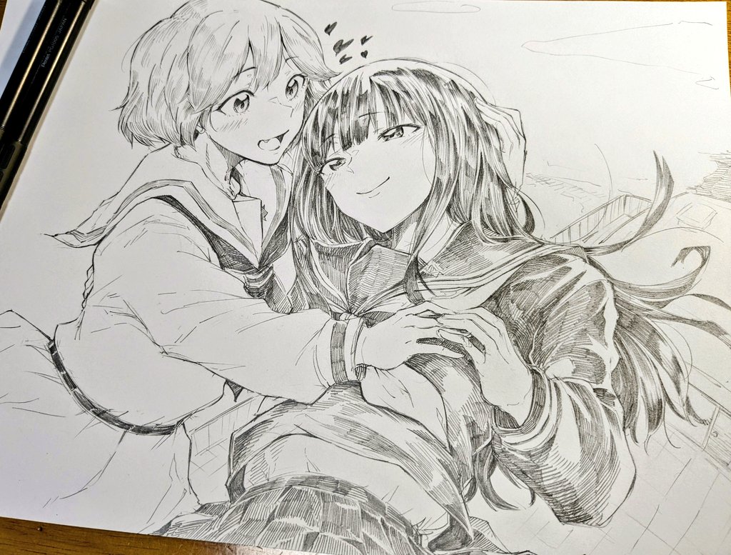 2girls, art_tools_in_frame, belt, blush, closed_mouth, commentary_request, couple, enoki_sachi