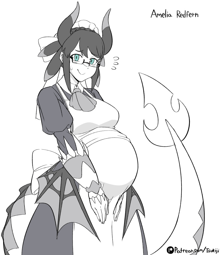 1girl, absurdres, apron, bare_arms, bare_shoulders, belly, big_belly, blue_eyes
