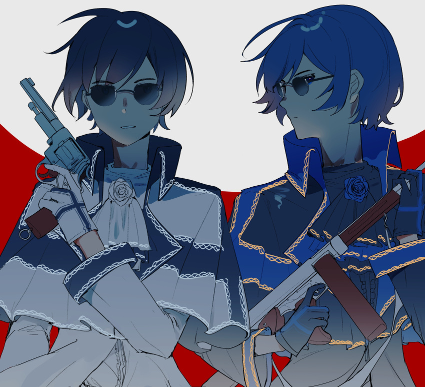 2boys, akita_124709, ascot, black_ascot, black_gloves, black_hair, blue_coat, blue_eyes