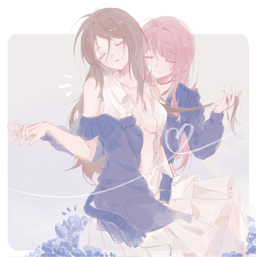 2girls, bang_dream!, bang_dream!_it's_mygo!!!!!, blue_dress, blue_flower, blue_shirt, border, brown_hair, chihaya_anon, closed_eyes, closed_mouth, commentary, dress, flower, gradient_background, hashtag-only_commentary, heart, highres, hips_in_air, holding_hands, interlocked_fingers, krisiti, long_hair, long_sleeves, multiple_girls, nagasaki_soyo, outside_border, parted_lips, pink_hair, purple_background, shirt, two-tone_dress, white_border, white_dress, yuri