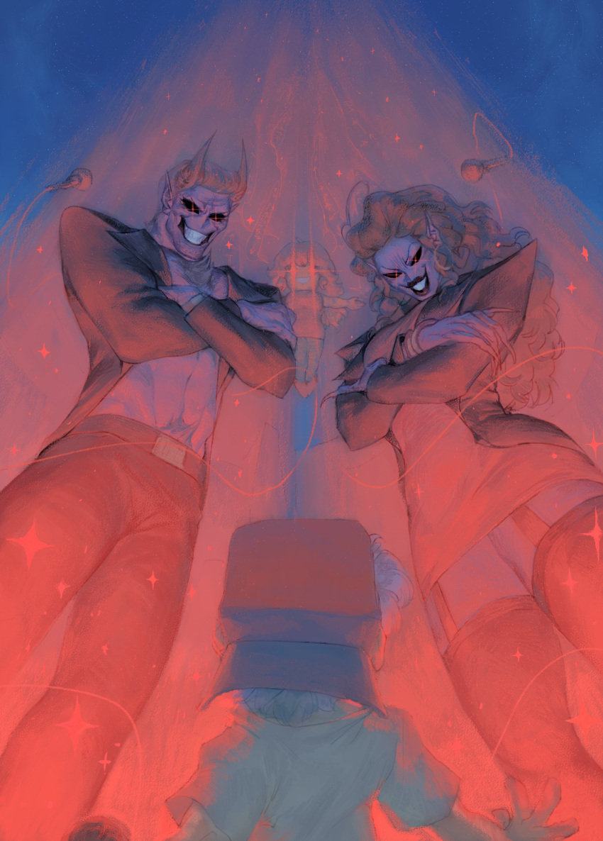 2boys, 2girls, absurdres, blue_hair, boyfriend_(friday_night_funkin'), brown_hair, coat, crossed_arms