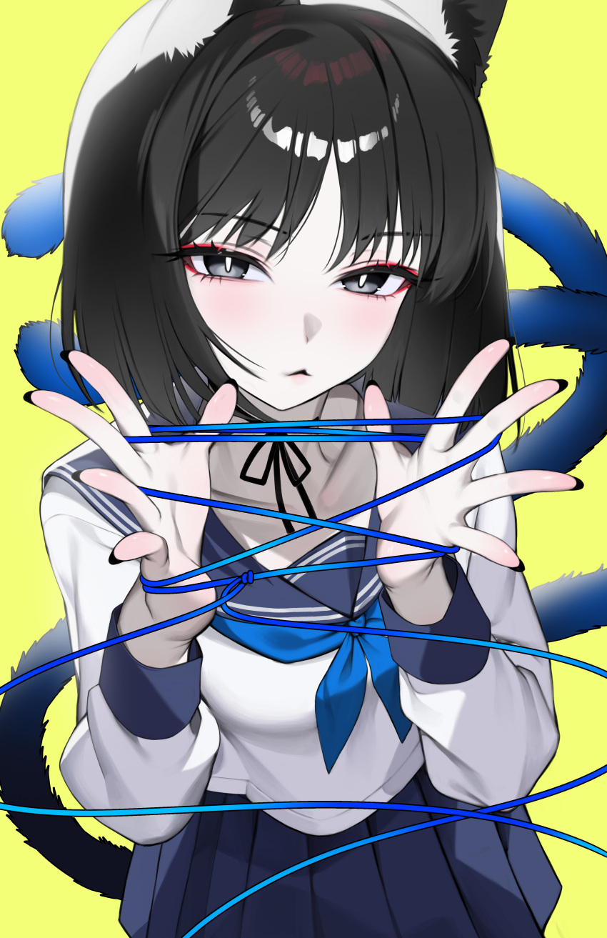 1girl, absurdres, balcony, black_eyes, black_nails, blue_archive, blush, bori_illust