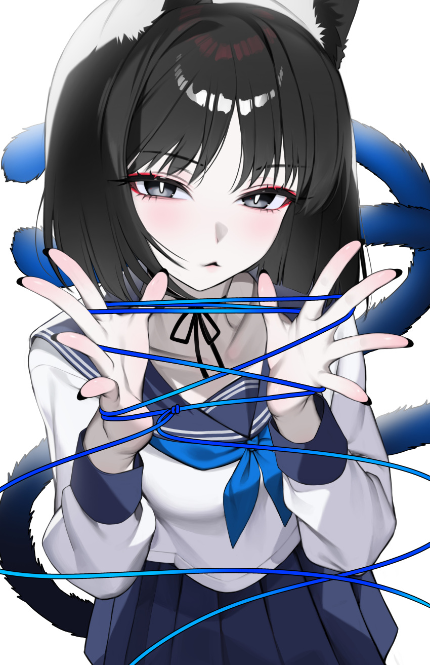 1girl, absurdres, balcony, black_eyes, black_nails, blue_archive, blush, bori_illust, breasts, cat's_cradle, cat_tail, eyeliner, highres, kikyou_(blue_archive), looking_at_viewer, makeup, multiple_tails, pale_skin, parted_lips, pleated_skirt, school_uniform, serafuku, short_hair, simple_background, skirt, small_breasts, solo, tail, variant_set, white_background