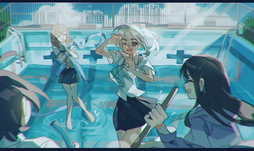 4girls, ^_^, ai_(girls_band_cry), barefoot, black_hair, blue_jacket, blue_necktie, blue_skirt