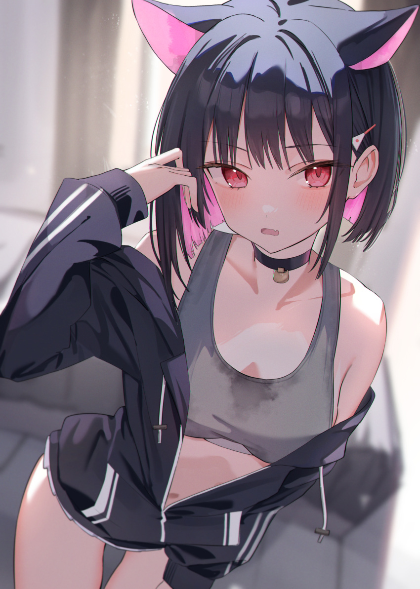1girl, animal_ears, black_choker, black_hair, black_hoodie, black_jacket, blue_archive, blush