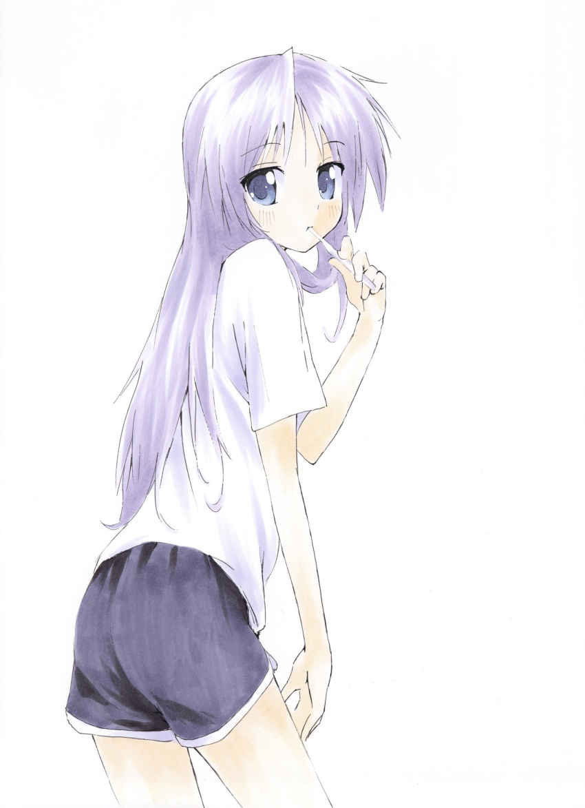 1girl, black_shorts, blue_eyes, blush, brushing_teeth, cowboy_shot, dolphin_shorts, highres