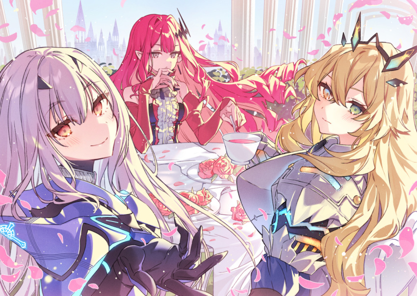 3girls, armor, baobhan_sith_(fate), baobhan_sith_(first_ascension)_(fate), barghest_(fate), barghest_(first_ascension)_(fate), black_gloves, blonde_hair