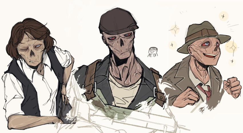 4boys, black_vest, brown_hair, brown_hat, brown_jacket, cabbie_hat, chibi, clenched_hands, collarbone, collared_shirt, colored_sclera, cropped_torso, fallout_(series), fallout_76, flesh, ghoul_(fallout), green_eyes, hand_on_own_hip, hat, highres, jacket, juerucj, looking_at_viewer, multiple_boys, necktie, no_nose, one_eye_closed, red_necktie, red_sclera, shirt, small_sweatdrop, smile, sparkling_aura, trilby, vest, white_background