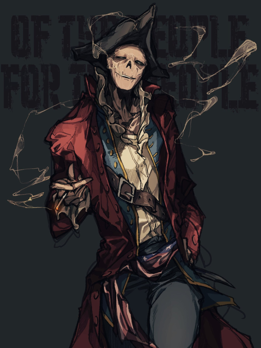 1boy, black_hair, black_sclera, chest_belt, cigarette, coat, collar, collarbone