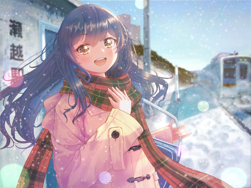 1girl, bag, blue_hair, brown_eyes, buttons, coat, commentary_request, higenekopic, highres, long_hair, open_mouth, original, outdoors, pink_coat, plaid_clothes, plaid_scarf, real_world_location, red_scarf, scarf, sky, snow, snowing, solo, toggles, train, train_station, winter, winter_clothes, winter_coat