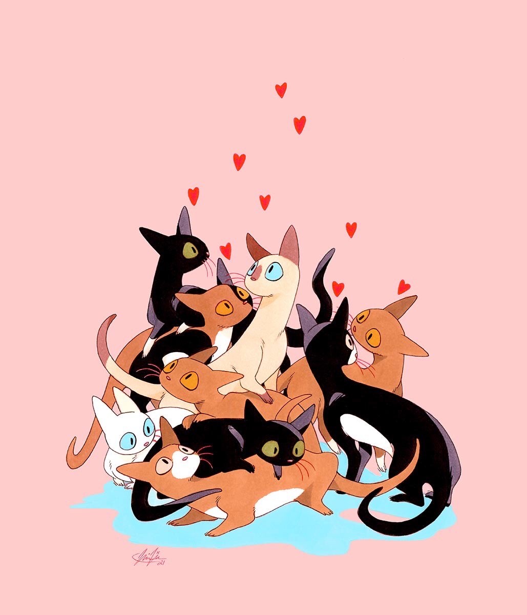 animal, animal_focus, beanie_babies, black_cat, black_fur, blue_eyes, brown_cat, brown_eyes, brown_fur, cat, eye_contact, fleebites, green_eyes, heart, highres, looking_at_another, looking_up, no_humans, no_mouth, no_sclera, orange_eyes, original, pile, pink_background, siamese_cat, signature, simple_background, too_many, too_many_cats, traditional_media, whiskers, white_cat, white_fur
