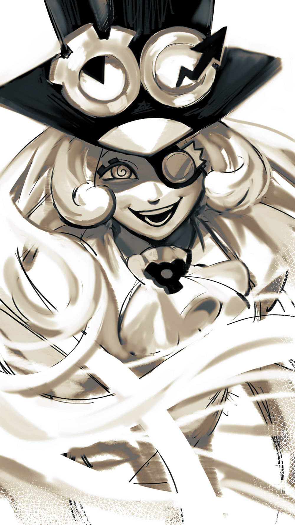 1girl, @_@, ascot, cookie_run, curly_sidelocks, eyelashes, eyepatch, eyewear_on_headwear