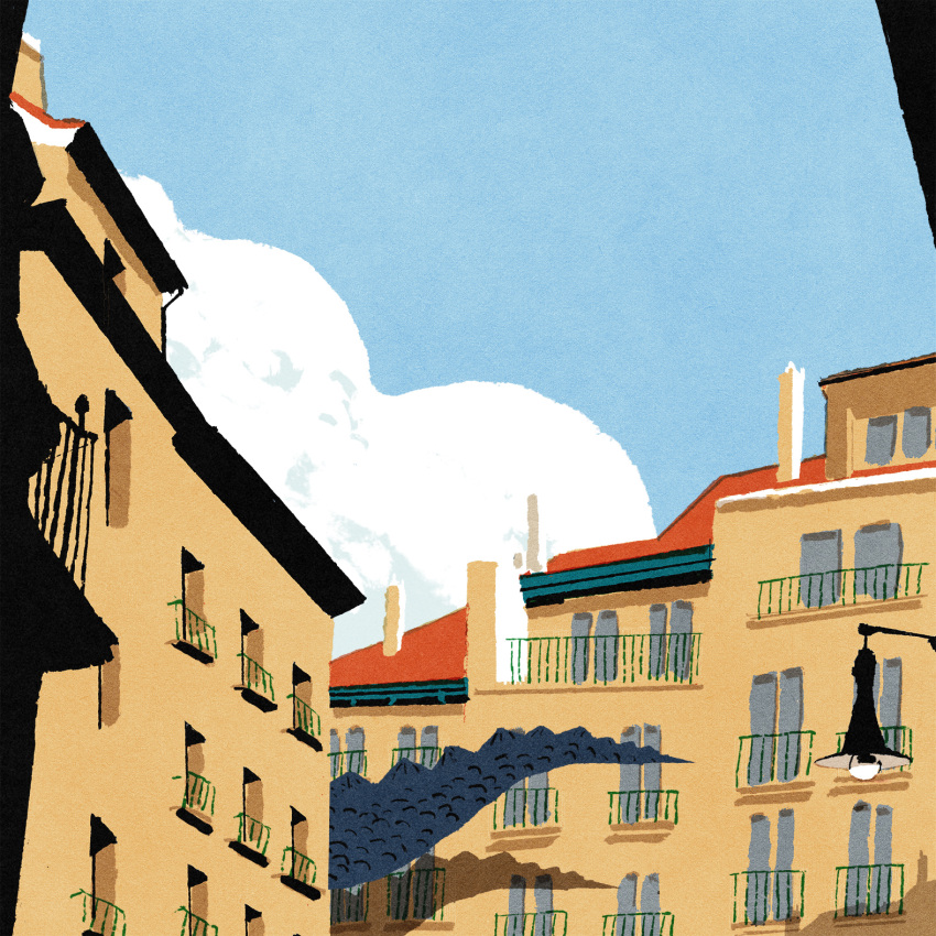 blue_sky, building, clouds, day, highres, iida_kento, monster, no_humans