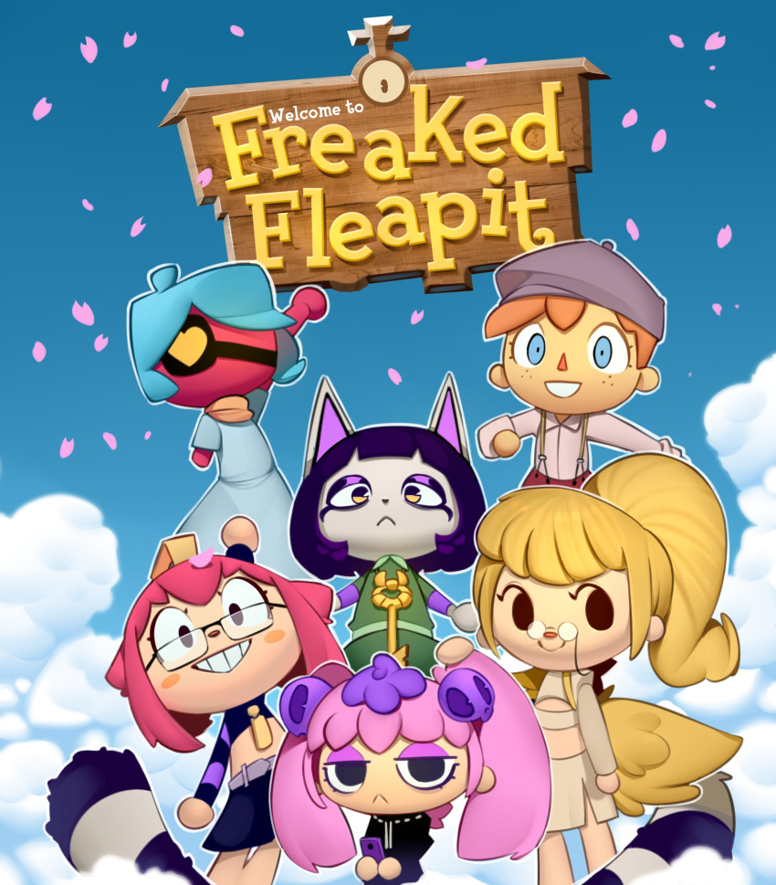 6+girls, animal_crossing, animal_crossing_(style), bellboy_(freaked_fleapit), blonde_hair, blue_eyes, blue_sky, blush_stickers