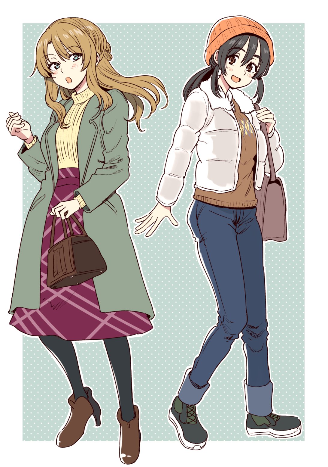 2girls, :d, :o, aqua_eyes, arm_at_side, bag, beanie, black_hair, black_pantyhose, blush, bonkara_(sokuseki_maou), border, brown_bag, brown_eyes, brown_footwear, brown_sweater, coat, commentary_request, denim, down_jacket, full_body, fur-trimmed_jacket, fur_trim, green_background, green_coat, hair_between_eyes, handbag, hat, high_heels, highres, holding, holding_bag, holding_strap, jacket, jeans, kuchibeta_shokudou, lapels, light_brown_hair, long_sleeves, looking_at_viewer, multiple_girls, official_art, open_clothes, open_coat, open_hand, open_jacket, open_mouth, orange_hat, padded_jacket, pants, pantyhose, polka_dot, polka_dot_background, ponytail, ribbed_sweater, shoulder_bag, sidelocks, skirt, smile, standing, sweater, turtleneck, turtleneck_sweater, white_border, white_jacket, winter_clothes, yellow_sweater
