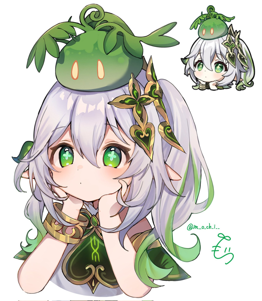 1girl, animal_on_head, bare_shoulders, bracelet, commentary_request, corrupted_twitter_file, cropped_torso, dendro_slime_(genshin_impact), game_screenshot_inset, genshin_impact, gold_trim, gradient_hair, green_eyes, green_hair, hair_between_eyes, head_rest, highres, jewelry, light_blush, long_hair, looking_up, m_o_ch_i, multicolored_hair, nahida_(genshin_impact), on_head, pointy_ears, reference_inset, side_ponytail, signature, simple_background, sleeveless, slime_(genshin_impact), solo, symbol-shaped_pupils, twitter_username, white_background, white_hair