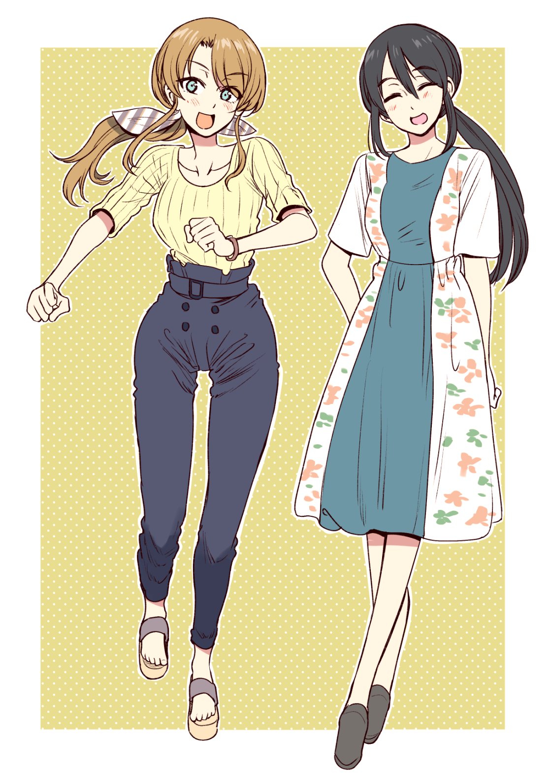 2girls, :d, aqua_eyes, arm_behind_back, black_pants, blue_dress, blush, bonkara_(sokuseki_maou), border, bracelet, brown_hair, closed_eyes, collarbone, commentary_request, dress, floral_print, full_body, hair_between_eyes, hair_ribbon, happy, high-waist_pants, highres, jewelry, kuchibeta_shokudou, kuchinashi_hiyono, long_hair, matching_hairstyle, multiple_girls, official_art, open_mouth, pants, polka_dot, polka_dot_background, ponytail, ribbed_shirt, ribbon, sandals, shirt, short_sleeves, sidelocks, smile, standing, swept_bangs, thigh_gap, white_border, white_dress, yanagi_rin, yellow_background, yellow_shirt