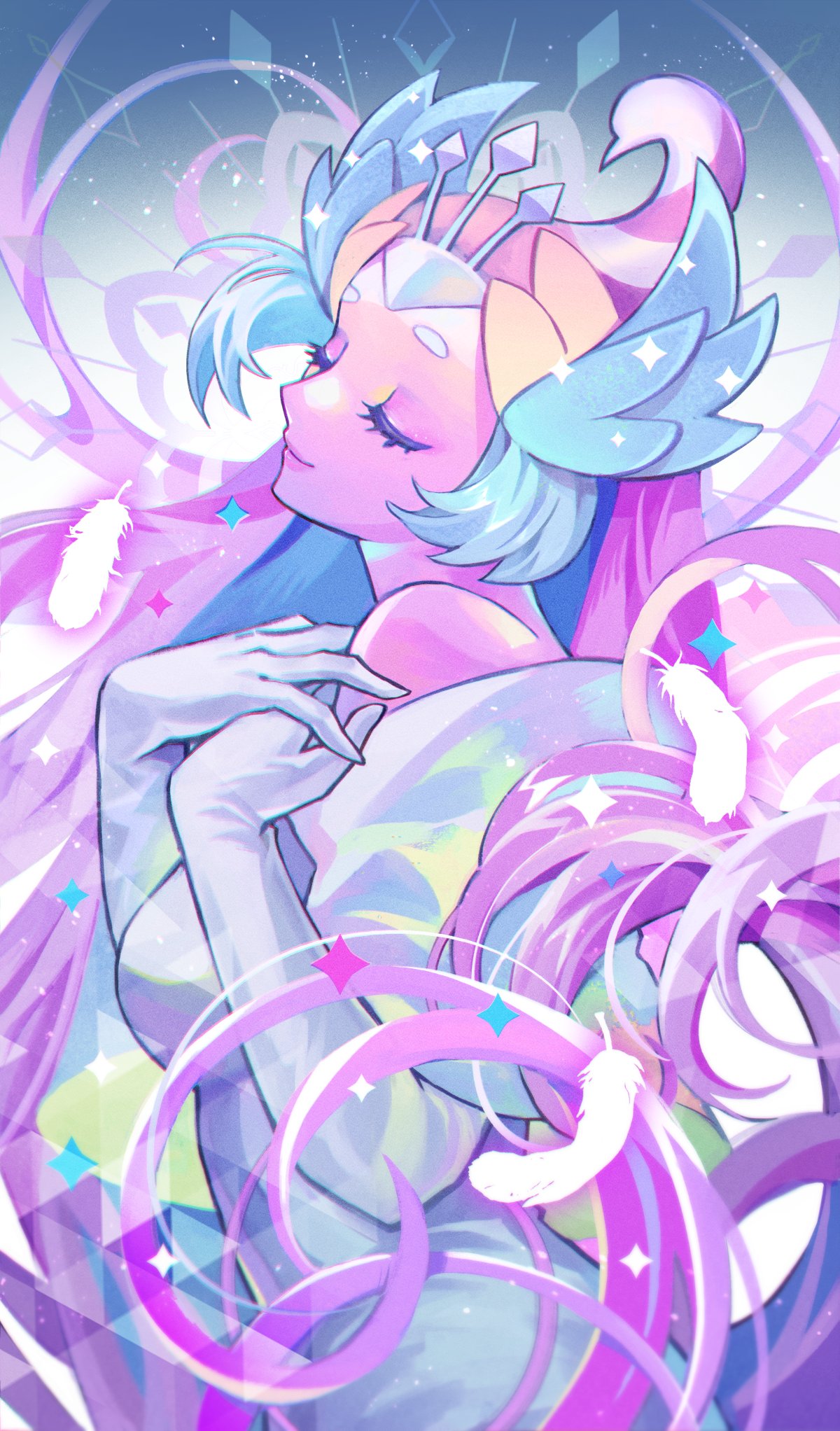 1girl, abstract, absurdly_long_hair, analogous_colors, blue_hair, breasts, chromatic_aberration, closed_eyes