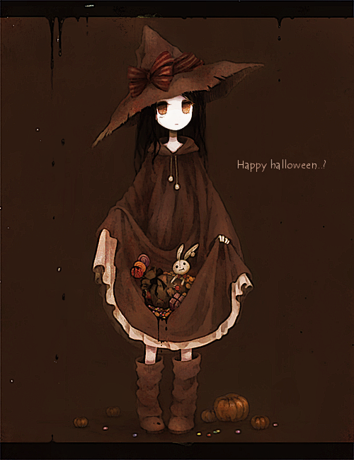 black_hair, boots, brown, brown_background, brown_dress, dress, english, hal_(angelic_devil), halloween, happy_halloween, hat, long_hair, original, pumpkin, skirt, skirt_basket, skirt_lift, solo, standing, stuffed_animal, stuffed_bunny, stuffed_rabbit, stuffed_toy, witch_hat