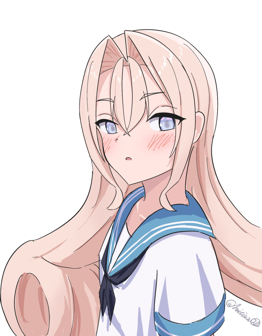 1girl, alternate_costume, black_neckerchief, blue_sailor_collar, drum_(kancolle), grey_eyes, hair_between_eyes, hair_rings, highres, kantai_collection, l_meet, long_hair, looking_at_viewer, neckerchief, one-hour_drawing_challenge, pink_hair, sailor_collar, sailor_shirt, school_uniform, serafuku, shirt, short_sleeves, simple_background, solo, upper_body, very_long_hair, white_background, white_shirt