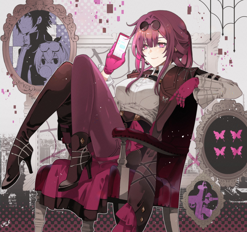 1boy, 2girls, black_footwear, black_jacket, blade_(honkai:_star_rail), blowing_bubbles, boots, breasts