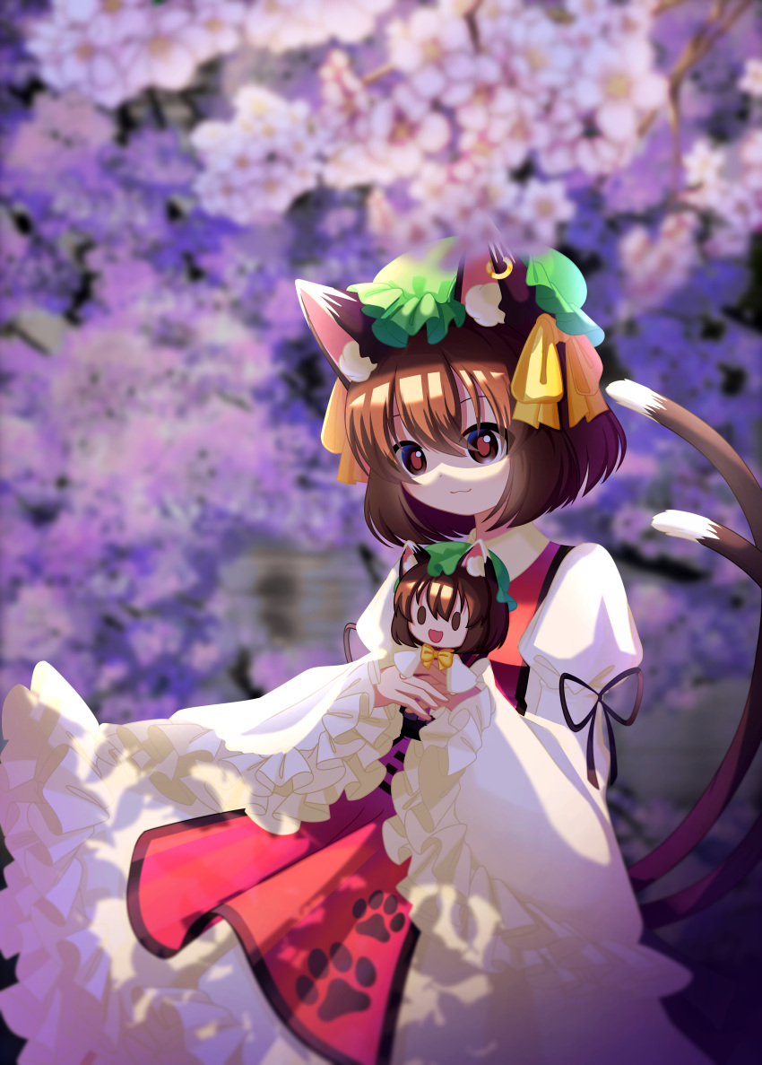 1girl, absurdres, animal_ear_fluff, animal_ear_piercing, animal_ears, brown_hair, cat_ears, cat_tail, character_doll, chen, doll, dress, earrings, hair_between_eyes, hat, highres, holding, holding_doll, jewelry, long_sleeves, mob_cap, multiple_tails, nekomata, red_eyes, red_tabard, short_hair, siji_xunchuan, single_earring, solo, tabard, tail, touhou, two_tails, white_dress, wide_sleeves