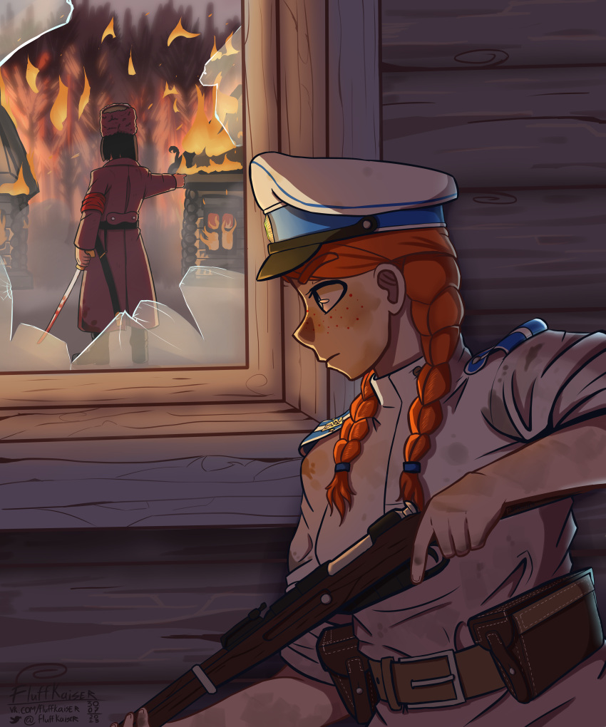 1girl, absurdres, ambush, assault_rifle, belt, bolt_action, broken_window, burning