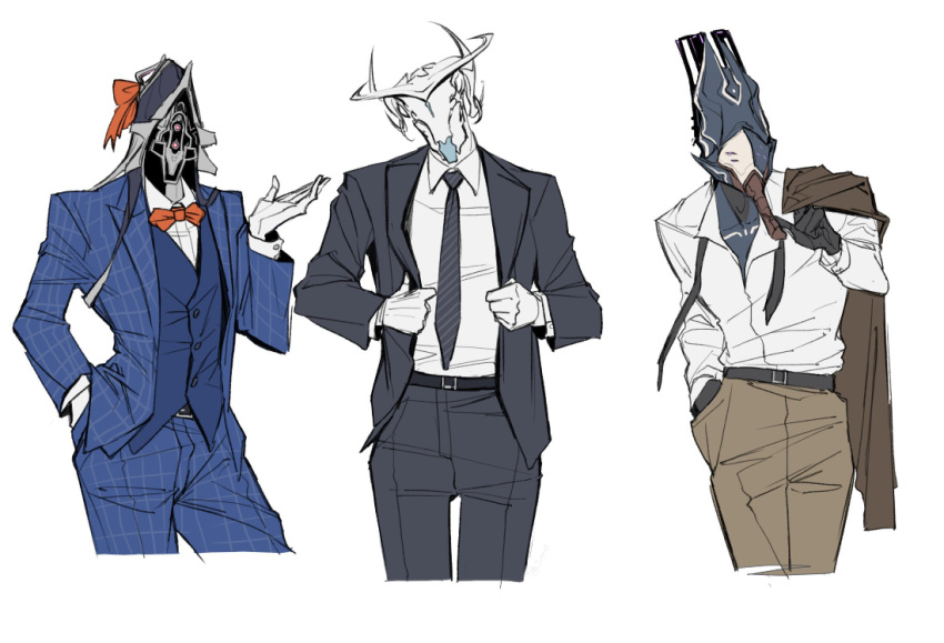 3others, blue_vest, bow, bowtie, casual, collared_shirt, cropped_legs, hand_in_pocket, harrow_(warframe), highres, jacket, jacket_over_shoulder, juerucj, long_sleeves, multiple_others, necktie, nekros_(warframe), oberon_(warframe), open_collar, shirt, shirt_tucked_in, simple_background, suit, suit_jacket, undone_necktie, unworn_jacket, vest, warframe, white_background